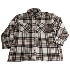 HFX Heavyweight Plaid‎ Flannel Shirt Jacket Women's XL Brown Cream Snap Front
